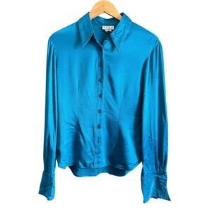 90s Vintage BCBG Max Azria | Peacock Blue Satin Button down Shirt | Medium